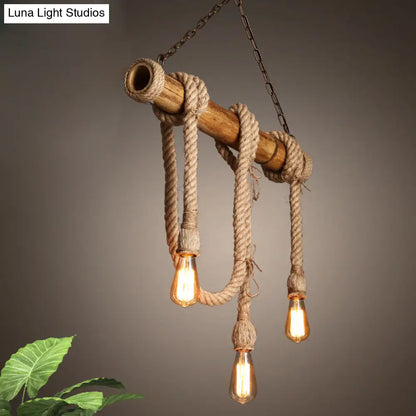 DecorBites™ Lodge Industrial Beige Island Light with Adjustable Rope and Bamboo - 3/4 Lights Open Bulb