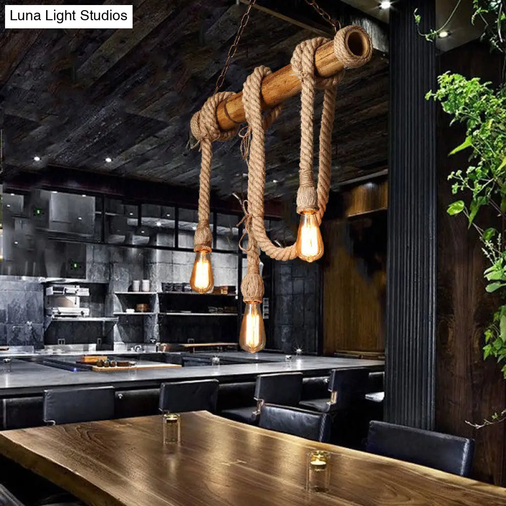 DecorBites™ Lodge Industrial Beige Island Light with Adjustable Rope and Bamboo - 3/4 Lights Open Bulb