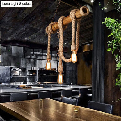 DecorBites™ Lodge Industrial Beige Island Light with Adjustable Rope and Bamboo - 3/4 Lights Open Bulb