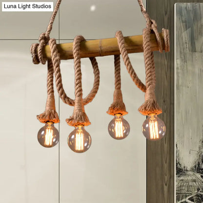 DecorBites™ Lodge Industrial Beige Island Light with Adjustable Rope and Bamboo - 3/4 Lights Open Bulb