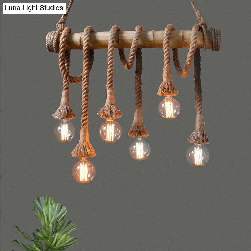 DecorBites™ Lodge Industrial Beige Island Light with Adjustable Rope and Bamboo - 3/4 Lights Open Bulb