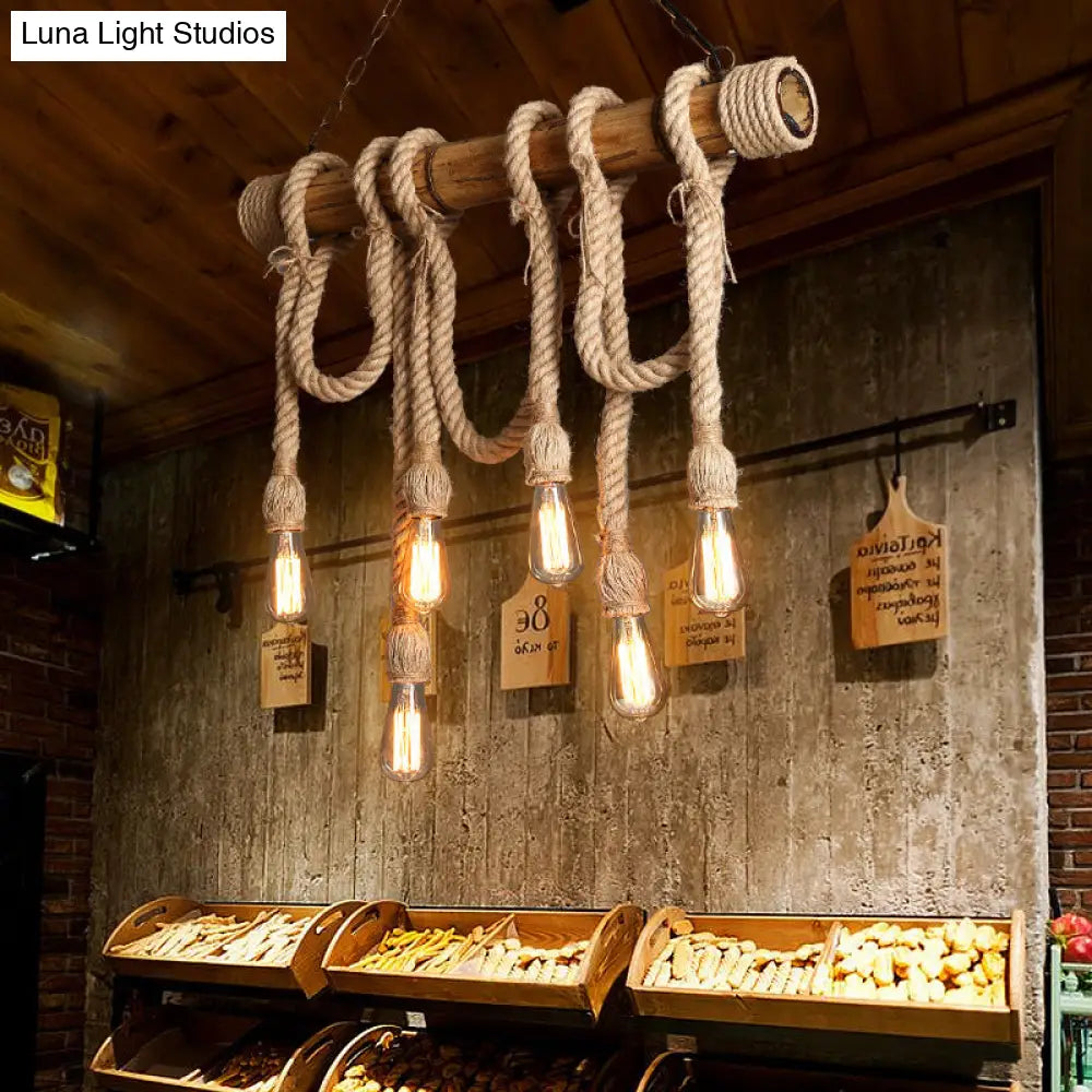 DecorBites™ Lodge Industrial Beige Island Light with Adjustable Rope and Bamboo - 3/4 Lights Open Bulb