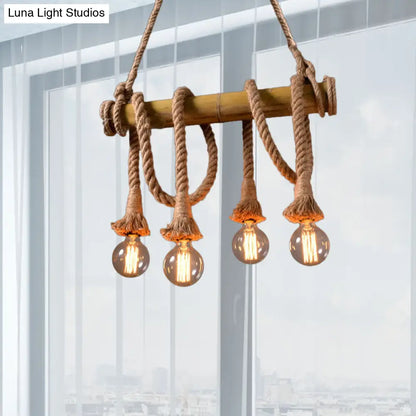 DecorBites™ Lodge Industrial Beige Island Light with Adjustable Rope and Bamboo - 3/4 Lights Open Bulb