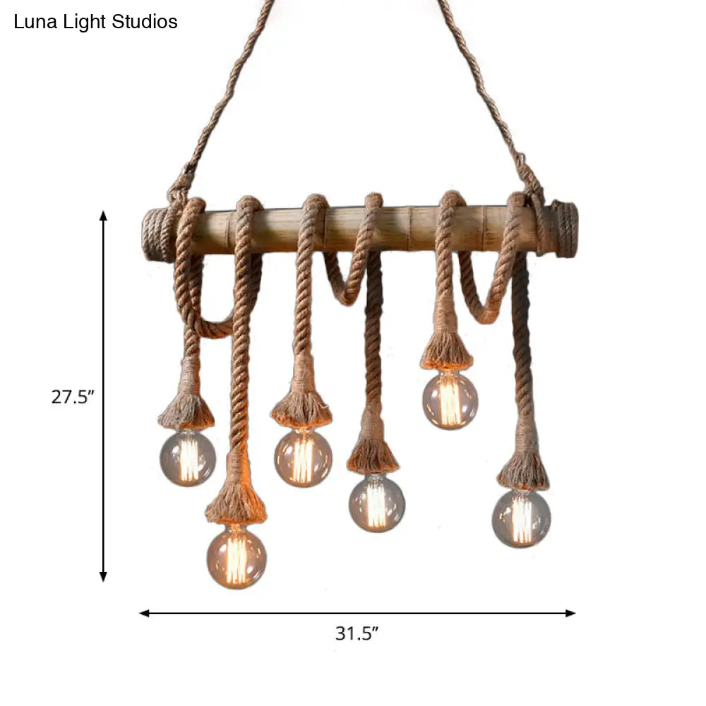 DecorBites™ Lodge Industrial Beige Island Light with Adjustable Rope and Bamboo - 3/4 Lights Open Bulb