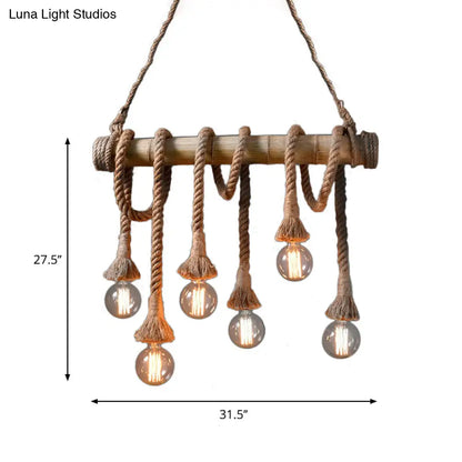 DecorBites™ Lodge Industrial Beige Island Light with Adjustable Rope and Bamboo - 3/4 Lights Open Bulb