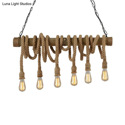 DecorBites™ Lodge Industrial Beige Island Light with Adjustable Rope and Bamboo - 3/4 Lights Open Bulb