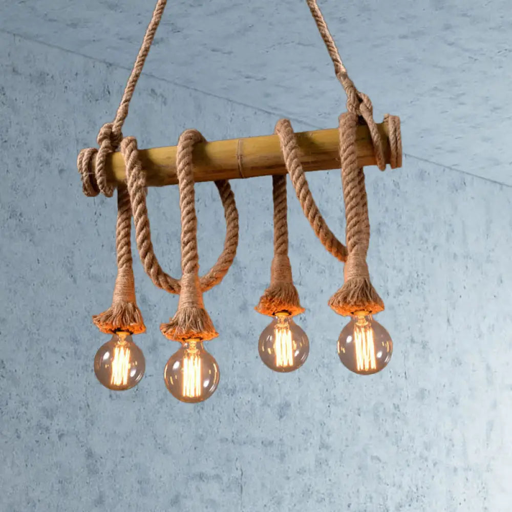 DecorBites™ Lodge Industrial Beige Island Light with Adjustable Rope and Bamboo - 3/4 Lights Open Bulb