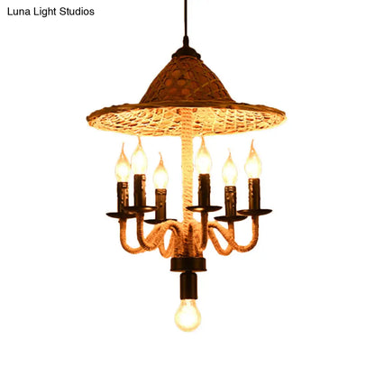 Lodge Jute Rope Ceiling Chandelier with Bamboo-Woven Hat Top - 6/7 Bulbs Brown Hanging Lamp