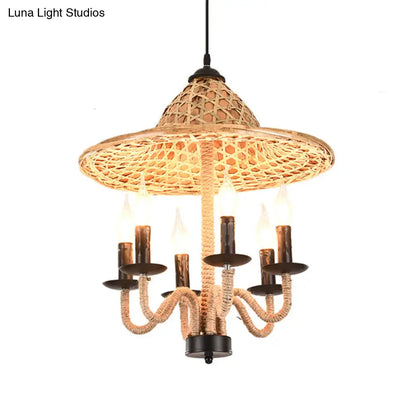 Lodge Jute Rope Ceiling Chandelier with Bamboo-Woven Hat Top - 6/7 Bulbs Brown Hanging Lamp