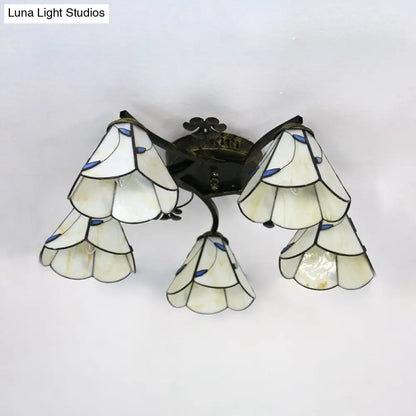 Lodge Semi Flushmount with Stained Glass Cone Shade - 5 Clear/Blue/Beige Lights for Stairway