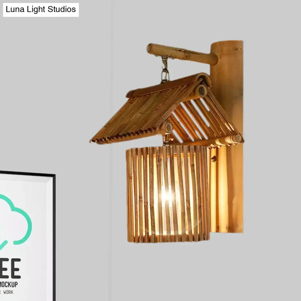 Lodge style bamboo house wall light with traditional roof design and warm golden e26 e27 lighting, compatible with 220v-240v 110v-120v
