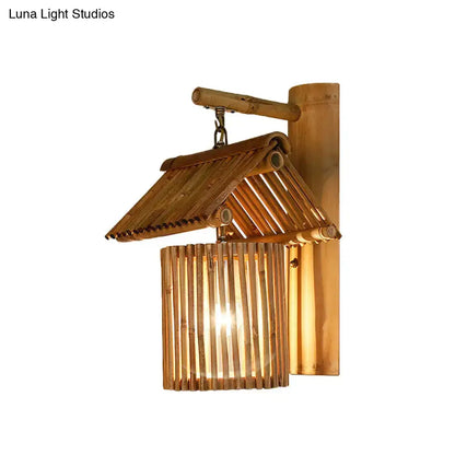 Natural bamboo lodge style wall light with traditional roof design and vertical slats compatible with e26 e27 bulbs 220v-240v 110v-120v
