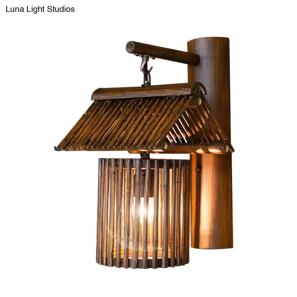Rustic bamboo wall light with traditional roof design and warm amber lighting for e26 e27 socket 220v-240v 110v-120v use