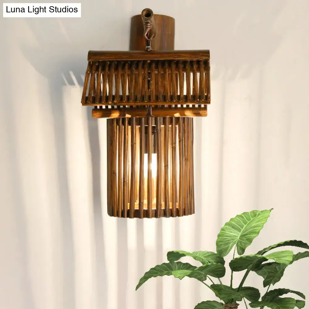 Rustic bamboo wall light with warm wood finish and vertical slats for e26 e27 sockets 220v-240v 110v-120v use