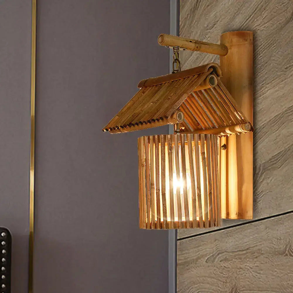A warm-toned bamboo lodge style wall light with traditional roof design and vertical slats for e26 e27 bulbs 220v-240v 110v-120v