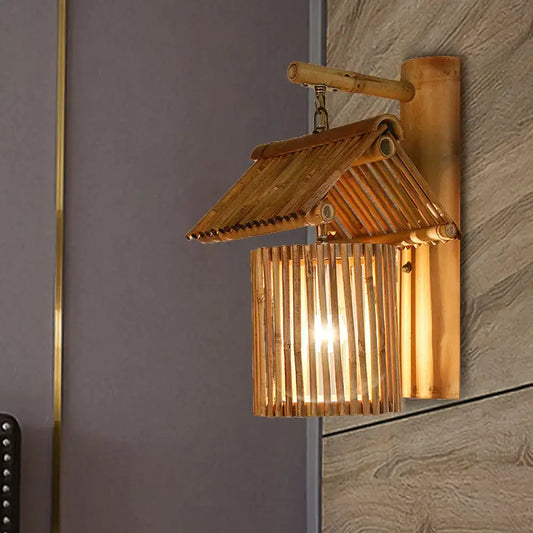 A warm-toned bamboo lodge style wall light with traditional roof design and vertical slats for e26 e27 bulbs 220v-240v 110v-120v