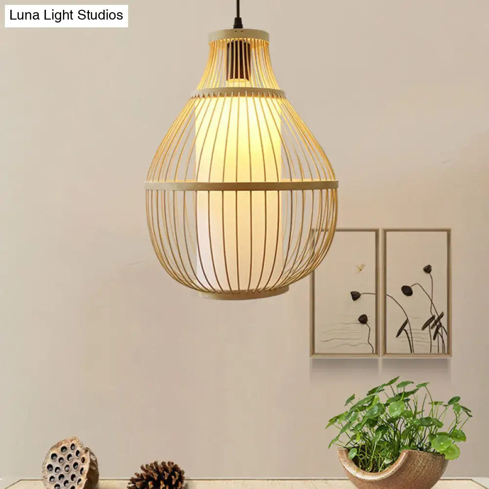 Lodge Style Bamboo Teardrop Hanging Lamp with Beige Paper Shade