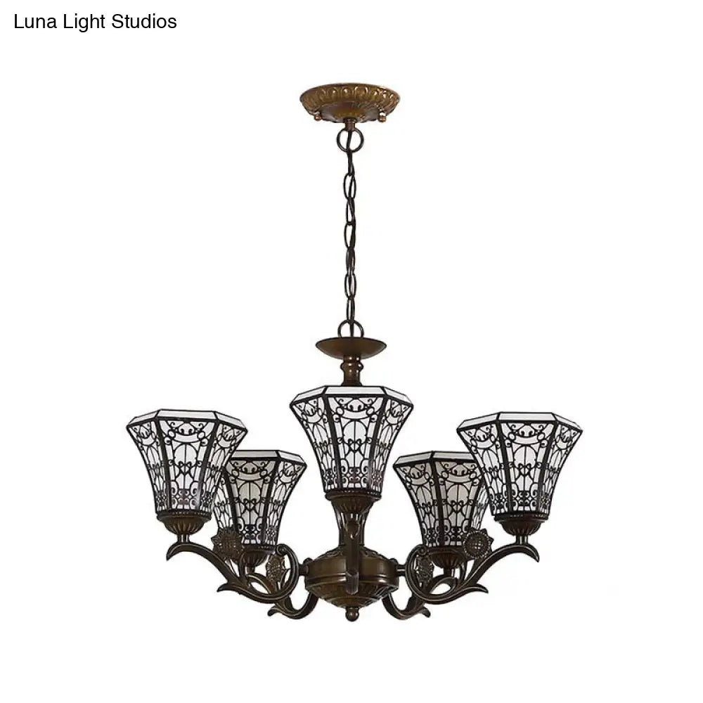 Lodge Style Bell Pendant Lighting: White and Black Glass Chandelier with Chain – 5 Light Lamp