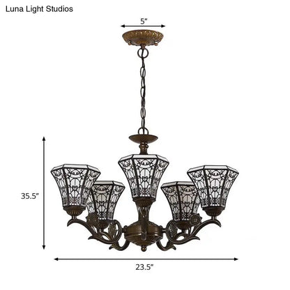 Lodge Style Bell Pendant Lighting: White and Black Glass Chandelier with Chain – 5 Light Lamp