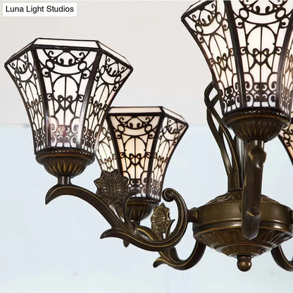 Lodge Style Bell Pendant Lighting: White and Black Glass Chandelier with Chain – 5 Light Lamp