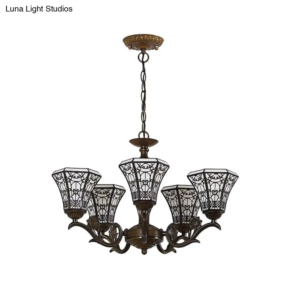 Lodge Style Bell Pendant Lighting: White and Black Glass Chandelier with Chain – 5 Light Lamp
