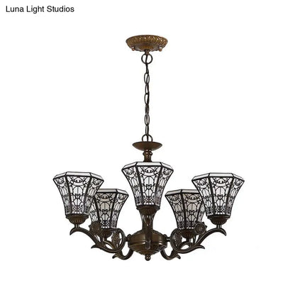 Lodge Style Bell Pendant Lighting: White and Black Glass Chandelier with Chain – 5 Light Lamp