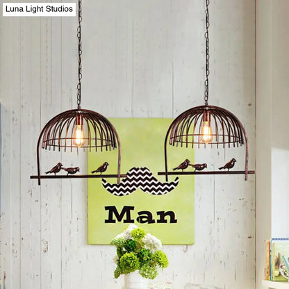 Lodge Style Birdcage Hanging Light Fixture - Iron Pendant with Dome Shade in Rust/Black