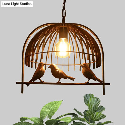 Lodge Style Birdcage Hanging Light Fixture - Iron Pendant with Dome Shade in Rust/Black