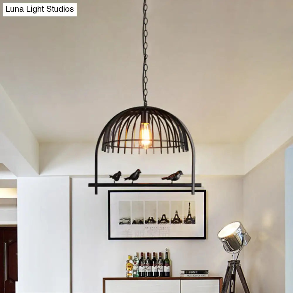 Lodge Style Birdcage Hanging Light Fixture - Iron Pendant with Dome Shade in Rust/Black