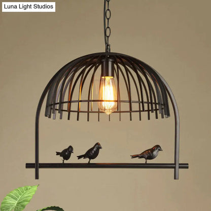 Lodge Style Birdcage Hanging Light Fixture - Iron Pendant with Dome Shade in Rust/Black