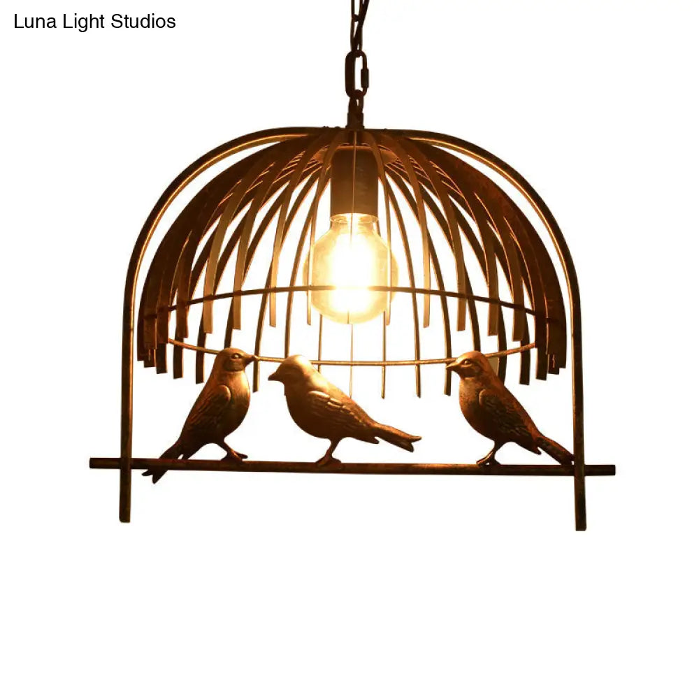 Lodge Style Birdcage Hanging Light Fixture - Iron Pendant with Dome Shade in Rust/Black