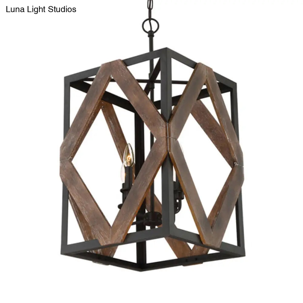 Lodge Style Black Metal Pendant Light with Wooden Rhombus Accents - 4-Light Rectangle Cage Hanging Lamp
