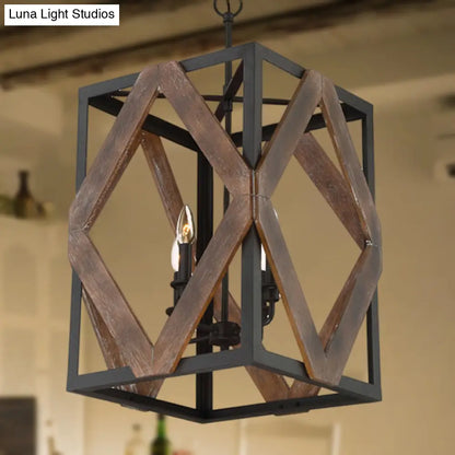Lodge Style Black Metal Pendant Light with Wooden Rhombus Accents - 4-Light Rectangle Cage Hanging Lamp