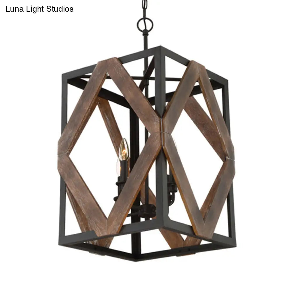 Lodge Style Black Metal Pendant Light with Wooden Rhombus Accents - 4-Light Rectangle Cage Hanging Lamp