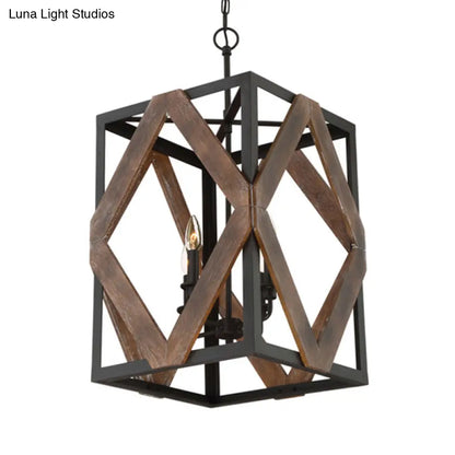 Lodge Style Black Metal Pendant Light with Wooden Rhombus Accents - 4-Light Rectangle Cage Hanging Lamp