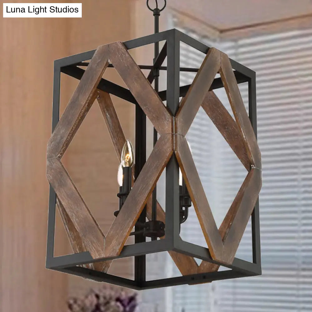 Lodge Style Black Metal Pendant Light with Wooden Rhombus Accents - 4-Light Rectangle Cage Hanging Lamp