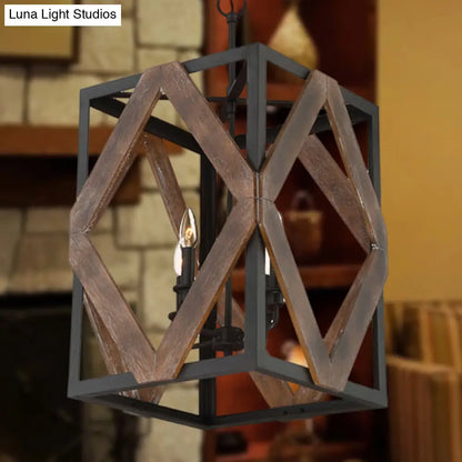 Lodge Style Black Metal Pendant Light with Wooden Rhombus Accents - 4-Light Rectangle Cage Hanging Lamp