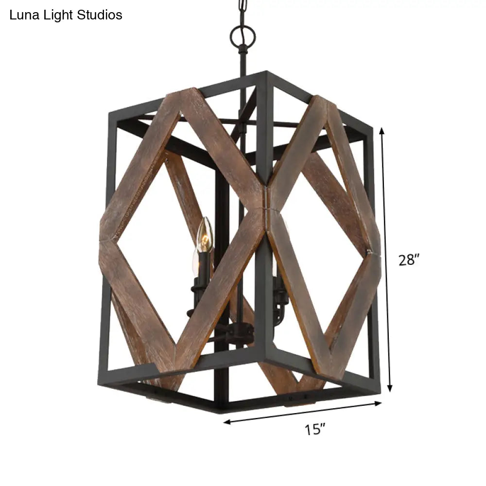 Lodge Style Black Metal Pendant Light with Wooden Rhombus Accents - 4-Light Rectangle Cage Hanging Lamp