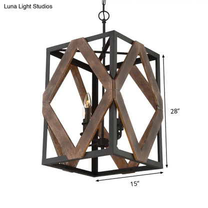 Lodge Style Black Metal Pendant Light with Wooden Rhombus Accents - 4-Light Rectangle Cage Hanging Lamp