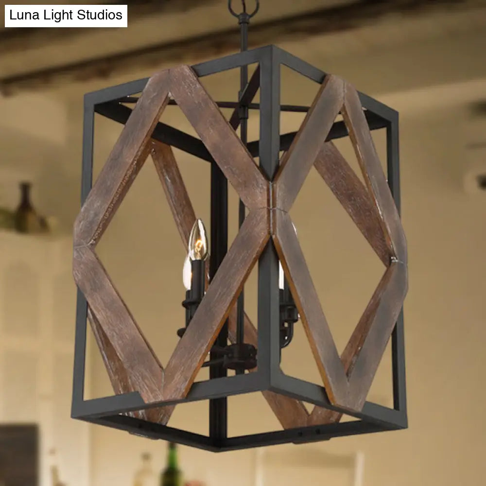 Lodge Style Black Metal Pendant Light with Wooden Rhombus Accents - 4-Light Rectangle Cage Hanging Lamp