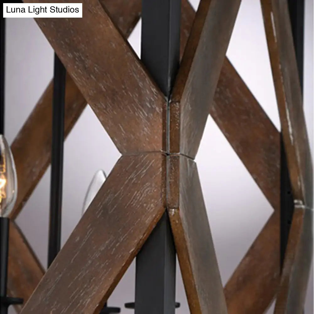 Lodge Style Black Metal Pendant Light with Wooden Rhombus Accents - 4-Light Rectangle Cage Hanging Lamp