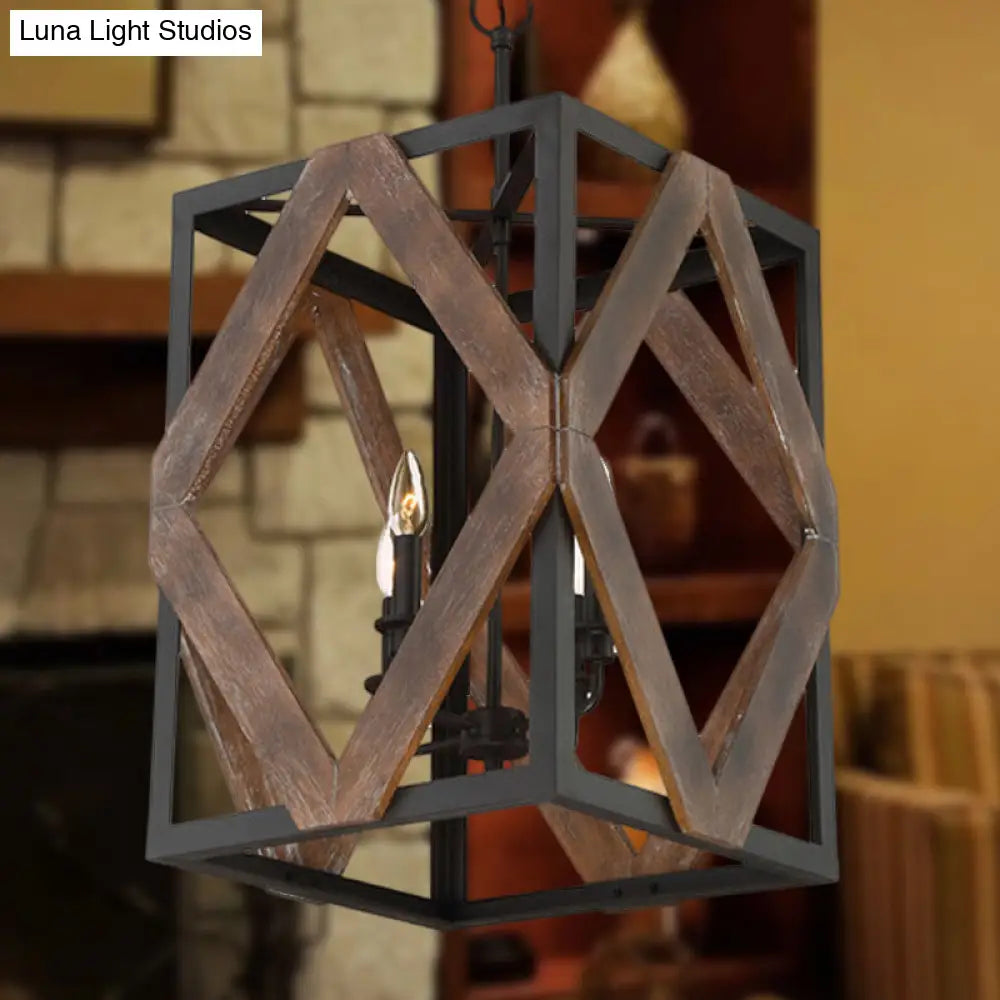 Lodge Style Black Metal Pendant Light with Wooden Rhombus Accents - 4-Light Rectangle Cage Hanging Lamp