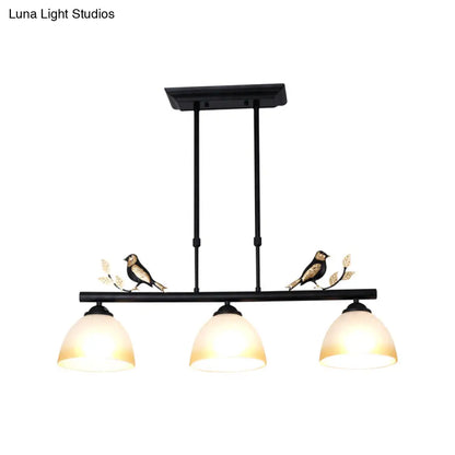 DecorBites™ Lodge-Style Dome Pendant Island Lamp w/ 3-Light Milky Glass, Black Iron & Bird Design