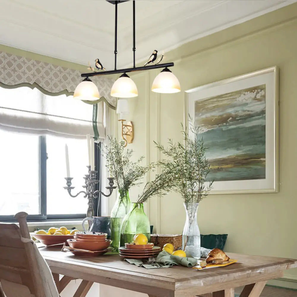 DecorBites™ Lodge-Style Dome Pendant Island Lamp w/ 3-Light Milky Glass, Black Iron & Bird Design
