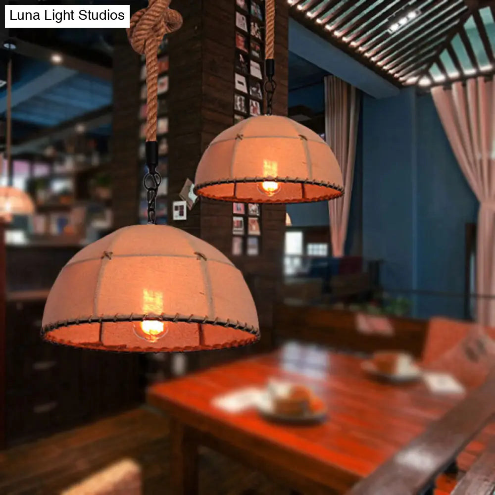 Lodge Style Hanging Fabric and Rope Pendant Light - 14"/18" Dome Shade in Beige for Restaurants