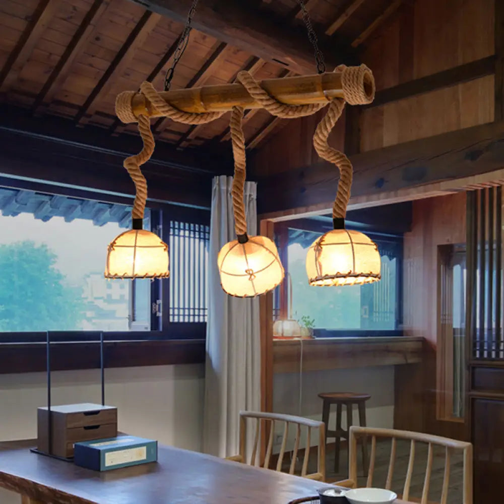 DecorBites™ Lodge Style Island Pendant Light with 3 Fabric Dome Shades and Beige Hemp Rope