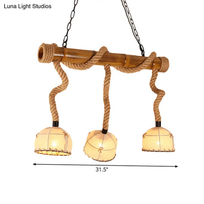 DecorBites™ Lodge Style Island Pendant Light with 3 Fabric Dome Shades and Beige Hemp Rope