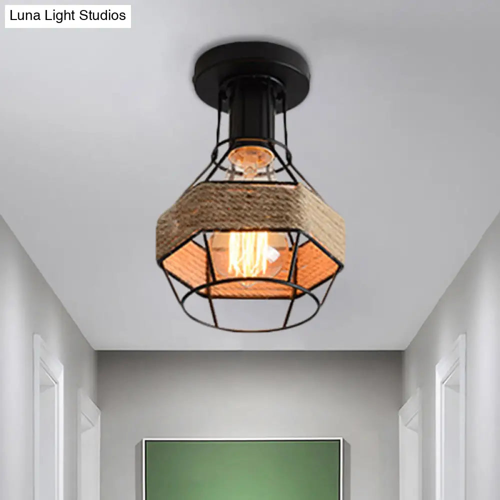 DecorBites™ DecorBites™ Lodge Style Metal and Rope Semi Flush Mount Ceiling Light with Black Finish - Ideal for Hallway