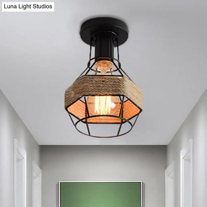 DecorBites™ DecorBites™ Lodge Style Metal and Rope Semi Flush Mount Ceiling Light with Black Finish - Ideal for Hallway