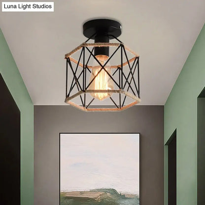 DecorBites™ DecorBites™ Lodge Style Metal and Rope Semi Flush Mount Ceiling Light with Black Finish - Ideal for Hallway